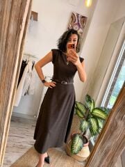 KAHVE YANDAN CEPLİ ELBİSE